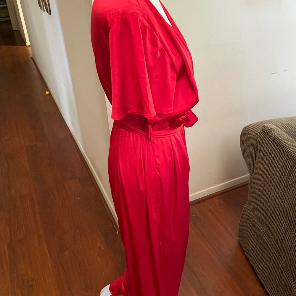 Zesica Red Satin faux wrap Dress LARGE short sleeve stretch V Neck belt zipper - Picture 6 of 16